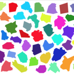 Digital creation by Corrinne LeNeave. The Bluegrass Ain't So Blue is one investigation into the artists interest in the regional geography and landscape of Kentucky. These two digital prints present a jumbled mess of shapes, each shape representing one of the one hundred and twenty counties in the state of Kentucky, the second most of any state. Following the recent election the county shape and outline became a powerful image for the artist of the reductionist power of politics and how individual lives can be so easily represented by a single word or color.