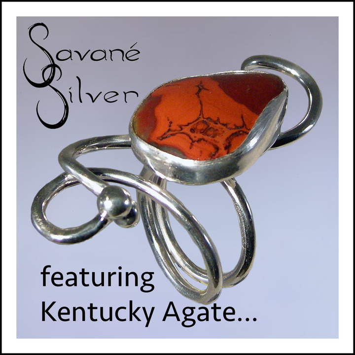 Signature gemstone! Rachel remains enthralled with the state rock, Kentucky Agate, and incorporates it in pieces that are of simple design and easily affordable right on up to her masterwork pieces and several levels in between. The variety of colors that exist in this stone boggle the mind, some are even hard to describe. The variety of patterns that exist in this stone are myriad. To believe it, one must see it...